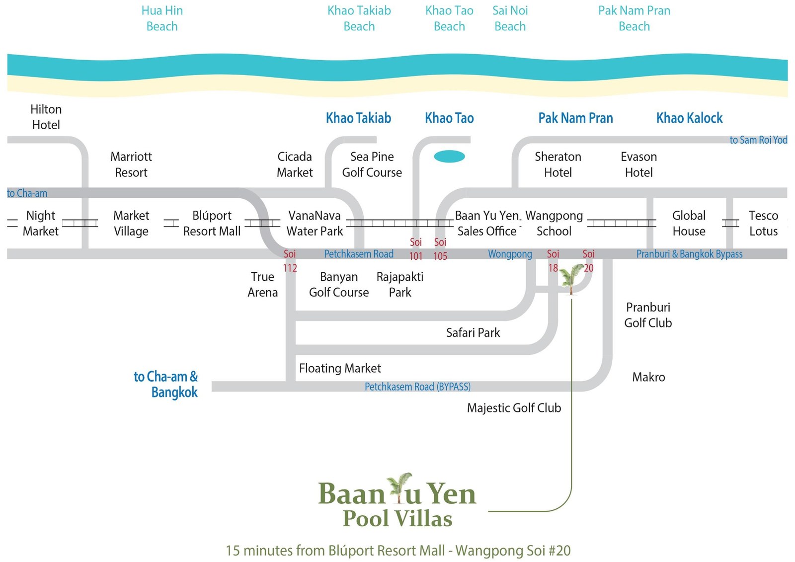 Baan Yu Yen location map between Hua Hin and Pranburi
