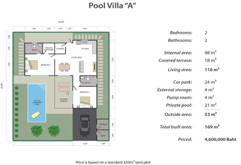 Baan Yu Yen Villas - Plan A - 2 bedroom and 2 bathroom pool villa for sale between Hua Hin and Pranburi Thailand