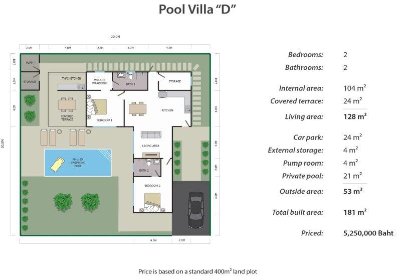 Baan Yu Yen Villas - Plan D - 2 bedroom and 2 bathroom pool villa for sale between Hua Hin and Pranburi Thailand