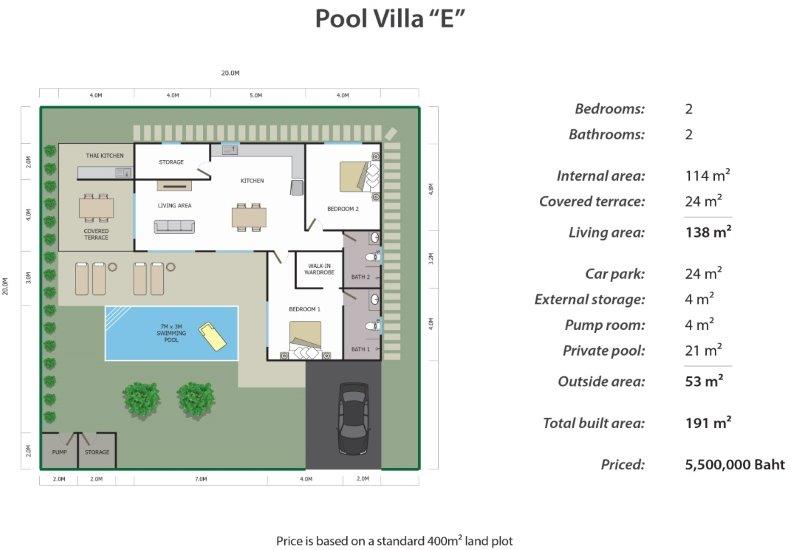 Baan Yu Yen Villas - Plan E - 2 bedroom and 2 bathroom pool villa for sale between Hua Hin and Pranburi Thailand