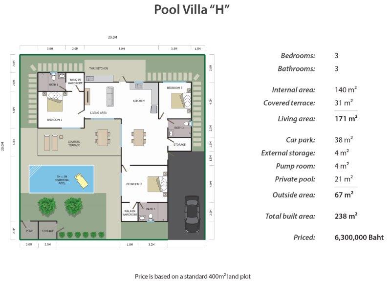 Baan Yu Yen Villas - Plan H - 3 bedroom and 3 bathroom pool villa for sale between Hua Hin and Pranburi Thailand