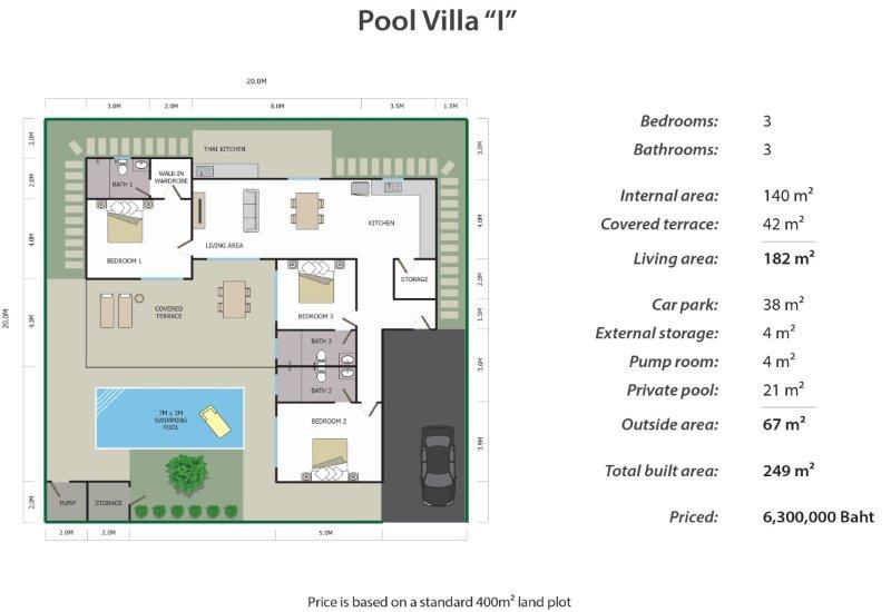 Baan Yu Yen Villas - Plan I - 3 bedroom and 3 bathroom pool villa for sale between Hua Hin and Pranburi Thailand